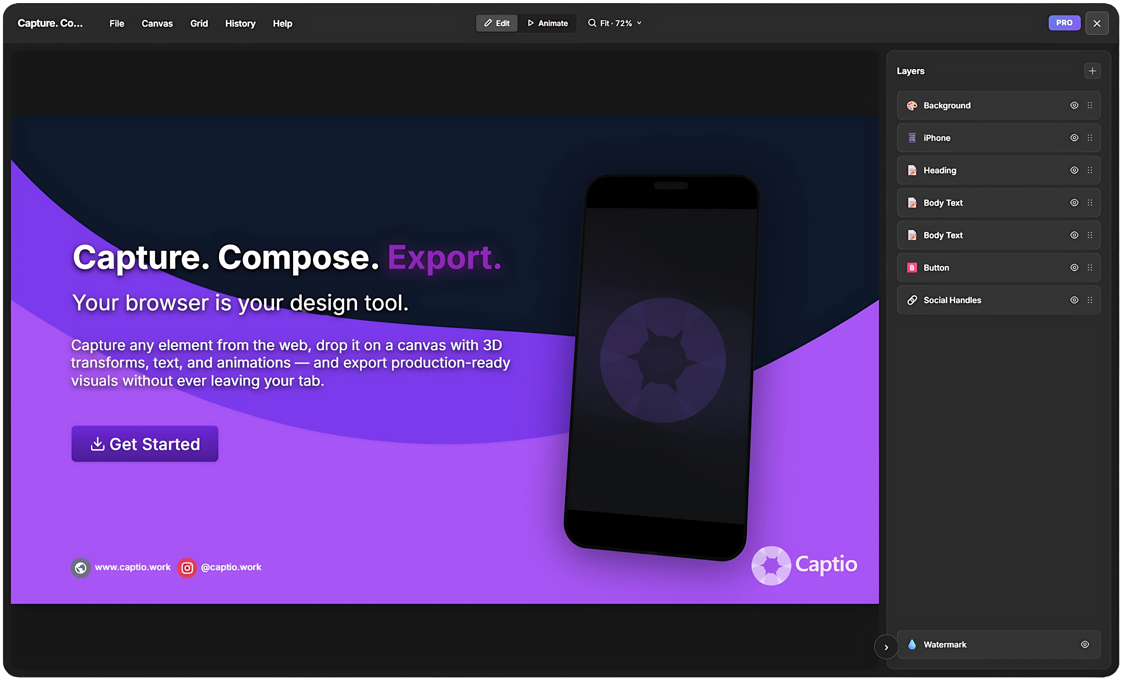 Captio compositor interface showing a design with captured browser elements